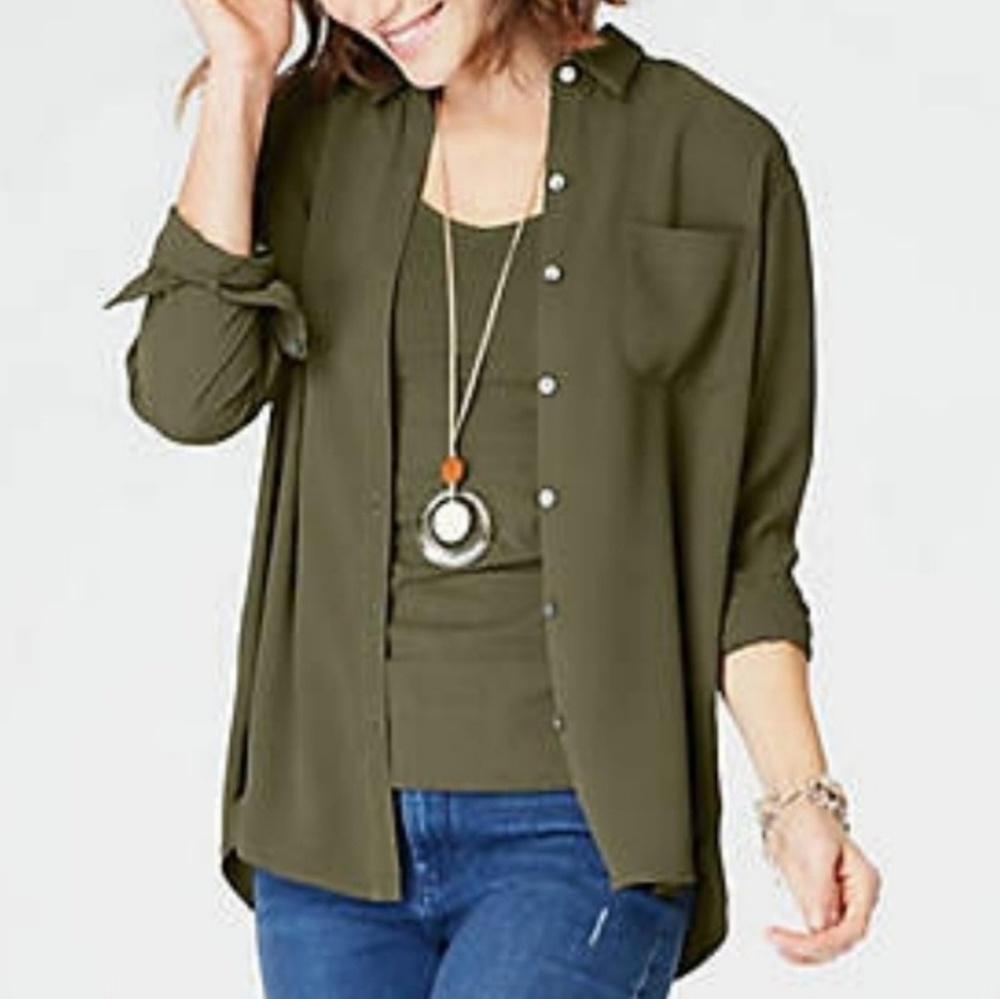 J JILL Olive Green Button Front High Low Shirt XS